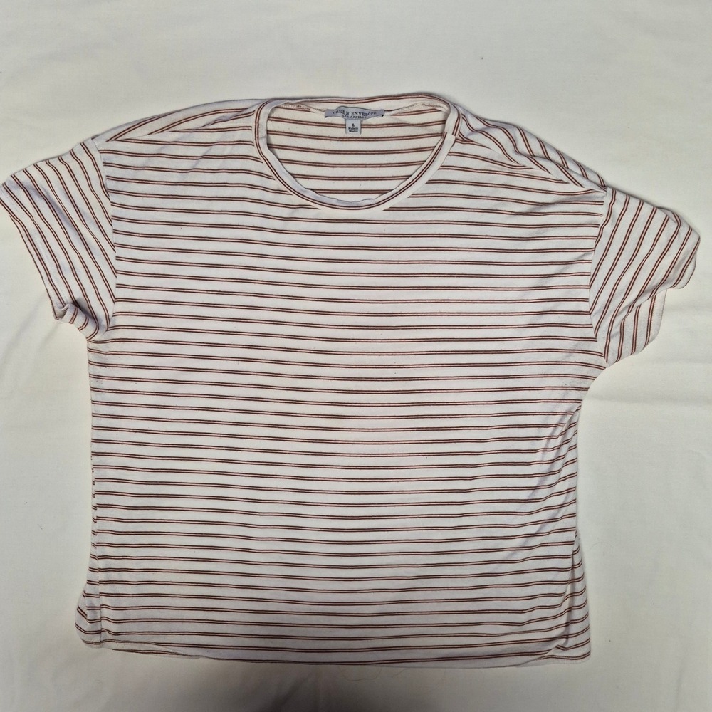 Green Envelope Los Angeles Women Large Stripe Boxy T-Shirt White Brown Short Slv